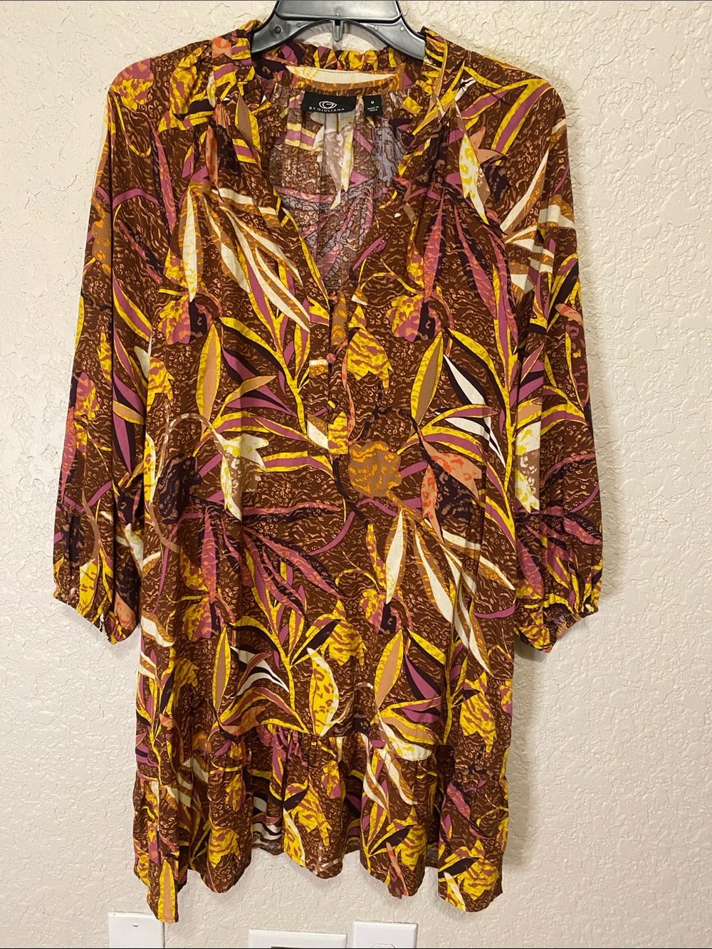 G by Giuliana Brown Floral Tiered Tunic Dress Yellow & Purple Accents Medium